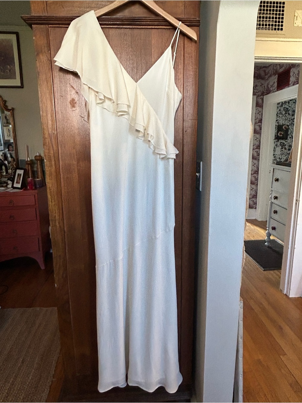 LPA Cream One-Shoulder Ruffle Slip Dress